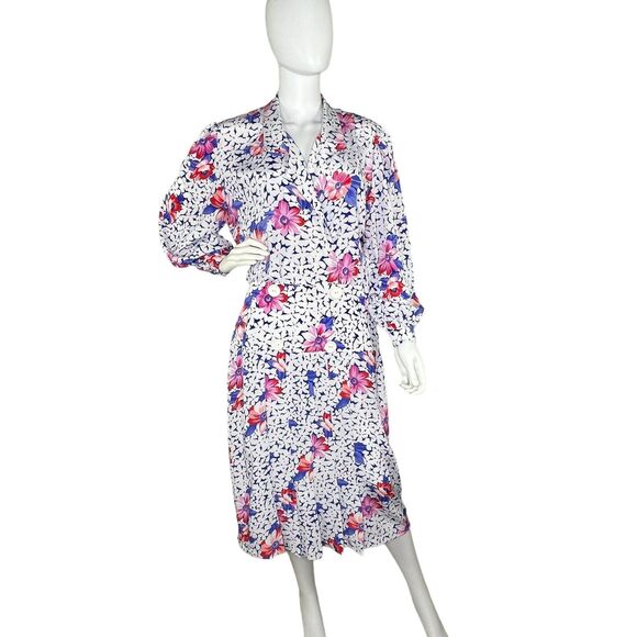 Cheminee New York Size M Vintage 70s Floral Bishop Sleeve Pleated Midi Dress - Picture 1 of 11